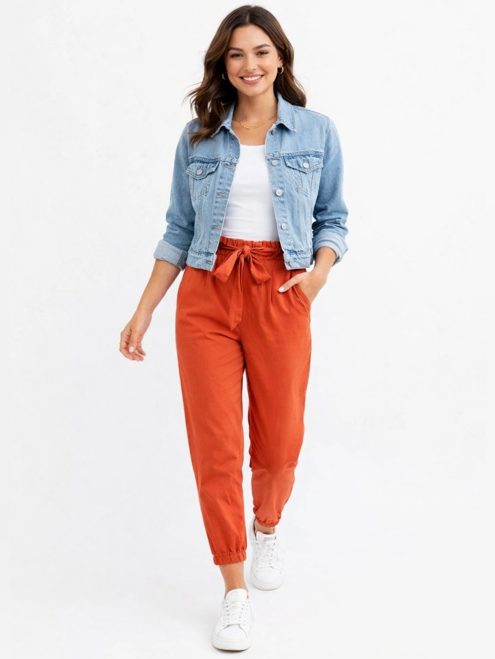 Rust Orange Paperbag Waist Cotton & Linen Blend Jogger Pants Size M